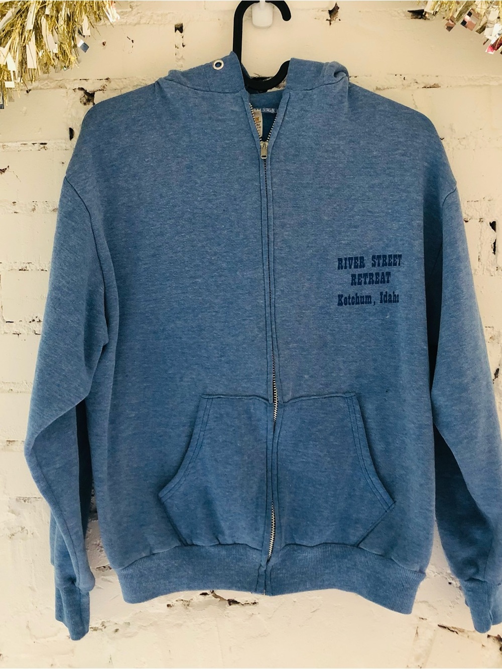 Vintage 80s RIVER STREET RETREAT Blue Full-Zip Hoodie Sweatshirt